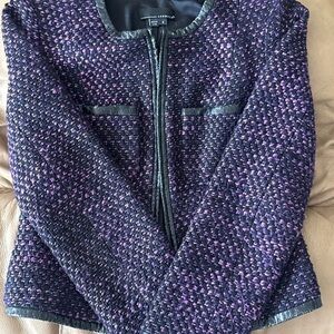 LAUREN Ralph Lauren Purple Tweed Zip-Front Jacket with Black Trim